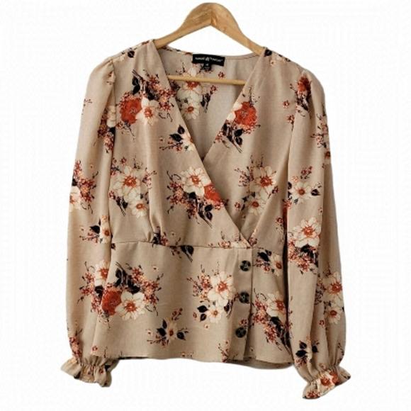 FLORAL Faux Wrap Blouse Size M Stretch Waisted Tunic Top - Picture 1 of 10